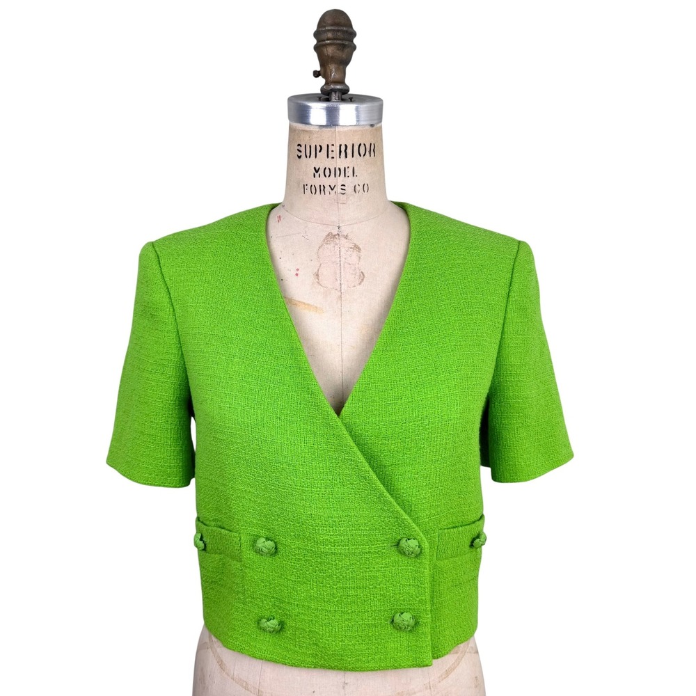 NEW‎ Zara Cropped Short Sleeve Double Breasted Blazer S Neon Lime Green Tweed